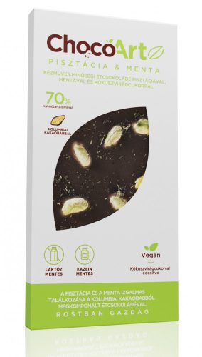 ChocoArt Pisztácia & Menta 70%-os, 80g étcsokoládé (kókuszvirágcukorral)