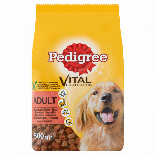 Pedigree teljes értékű kutyaeledel, száraztáp felnőtt kutyák számára marhával és csirkével 500 g