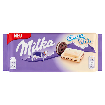 Milka Oreo White fehér csokoládé vaníliaízű, tejes krémtöltelékkel és kakaós kekszdarabokkal 100 g