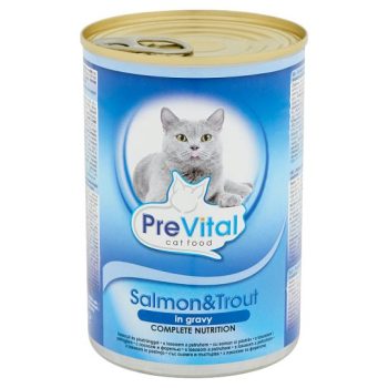   Prevital konzerv teljes értékű macskaeledel felnőtt macskák számára lazaccal és pisztránggal 415 g