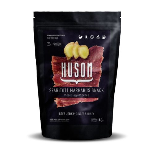 HUSOM MÉZES-GYÖMBÉRES SZÁRÍTOTT MARHAHÚS SNACK (BEEF JERKY) 40G